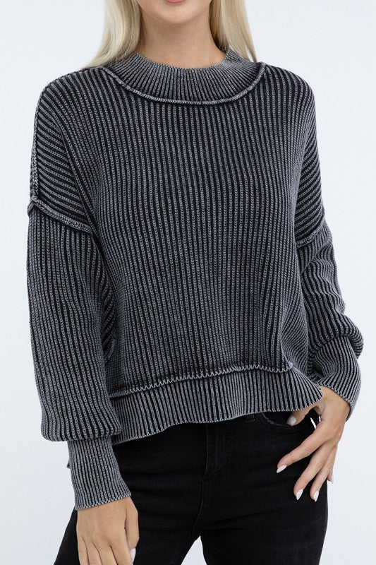 Washed Side Slit Oversized Cropped Sweater - The Edit LLC