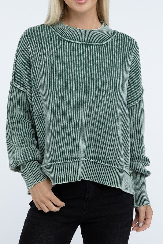 Washed Side Slit Oversized Cropped Sweater - The Edit LLC