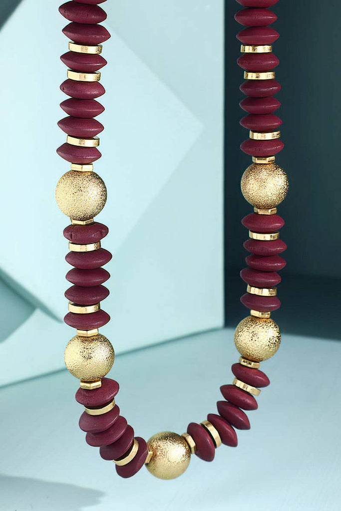 Wine: Metal & Wood Disk Bead Necklace - The Edit LLC