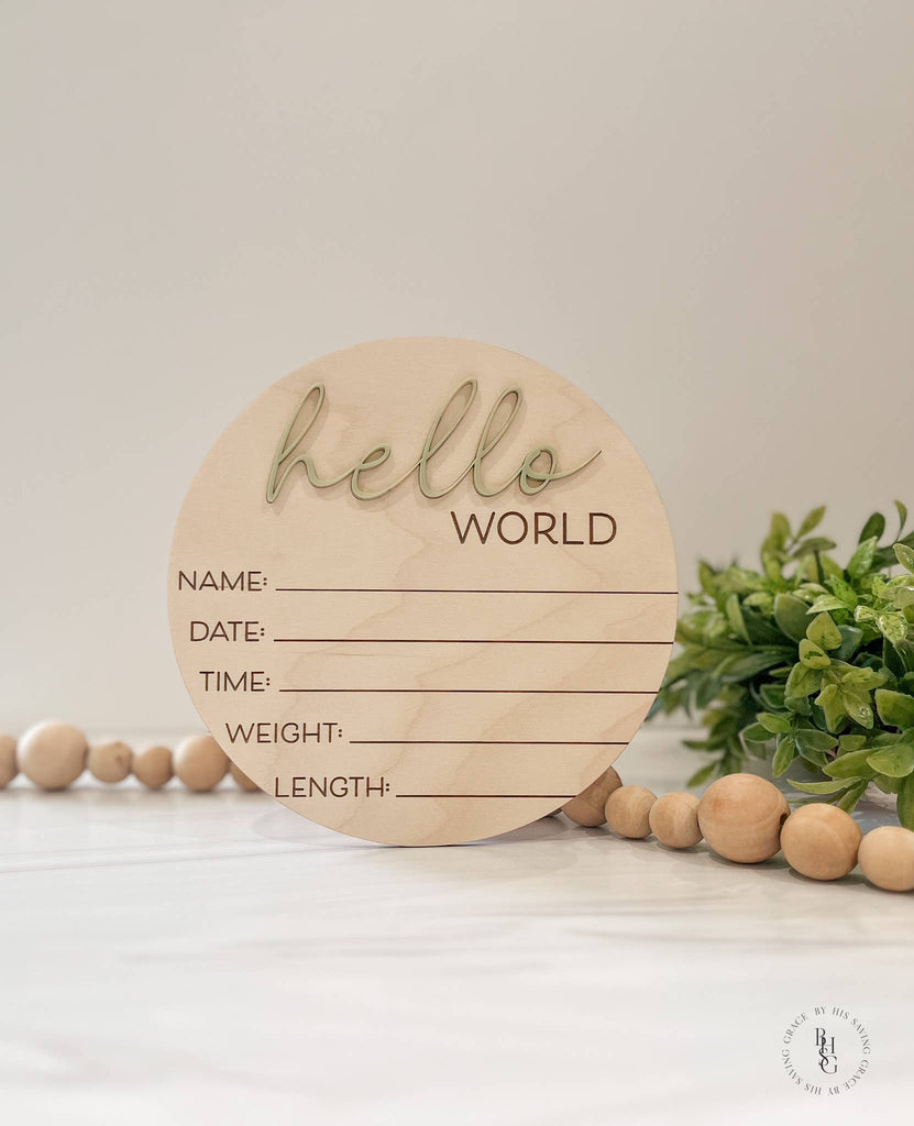Wooden Hello World Baby Announcement Sign With Birth Stats : Eucalyptus - The Edit LLC