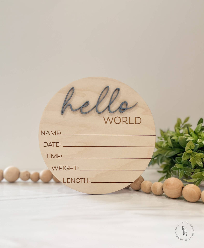Wooden Hello World Baby Announcement Sign With Birth Stats : Eucalyptus - The Edit LLC