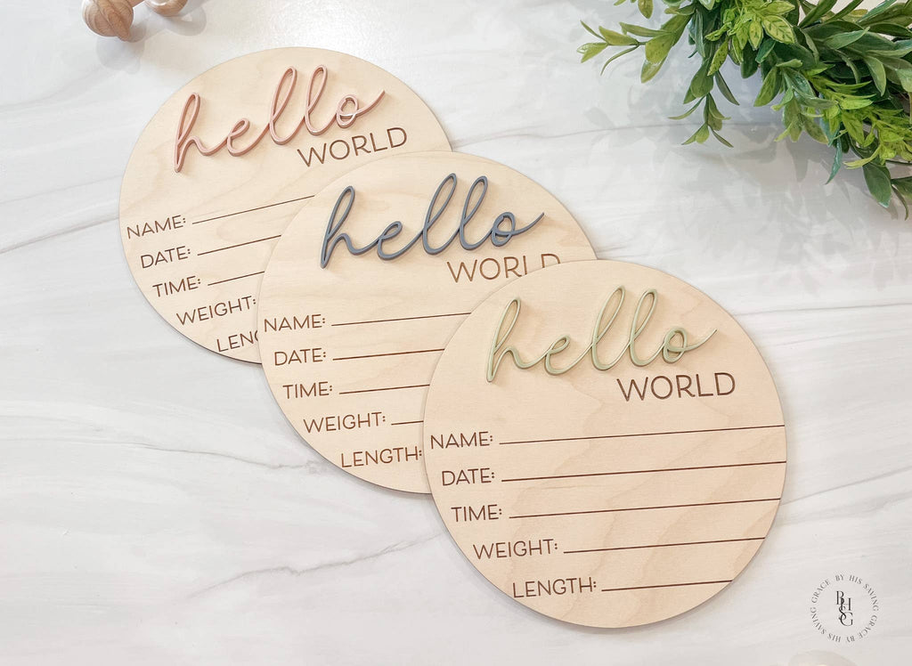 Wooden Hello World Baby Announcement Sign With Birth Stats : Eucalyptus - The Edit LLC