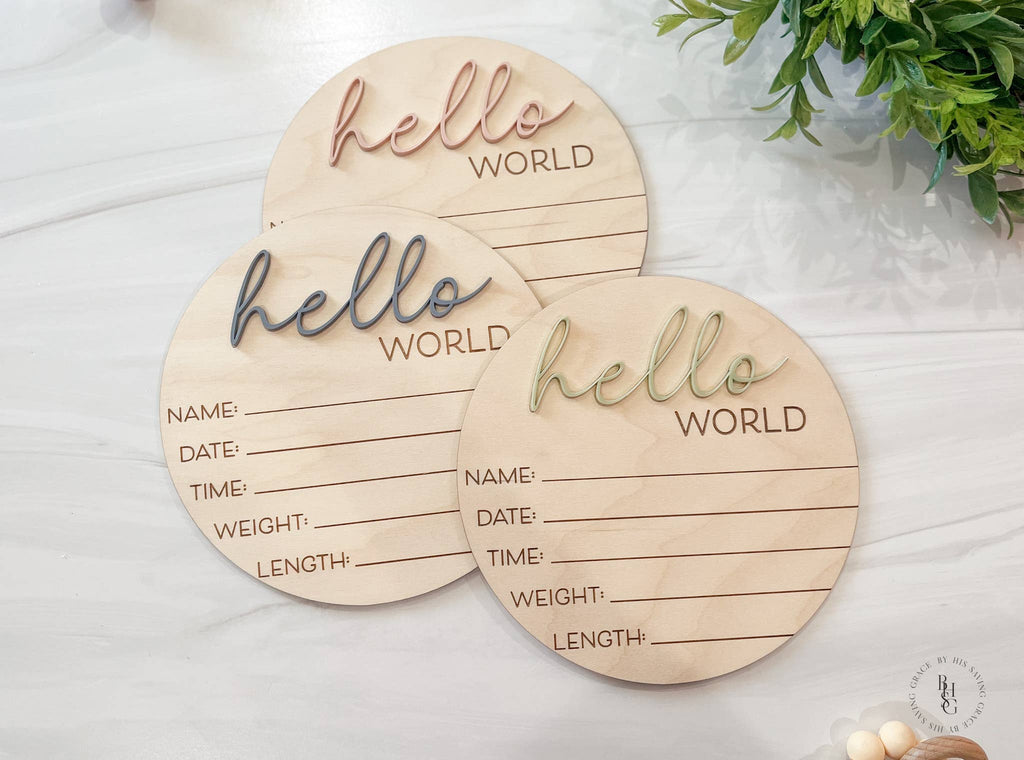 Wooden Hello World Baby Announcement Sign With Birth Stats : Eucalyptus - The Edit LLC