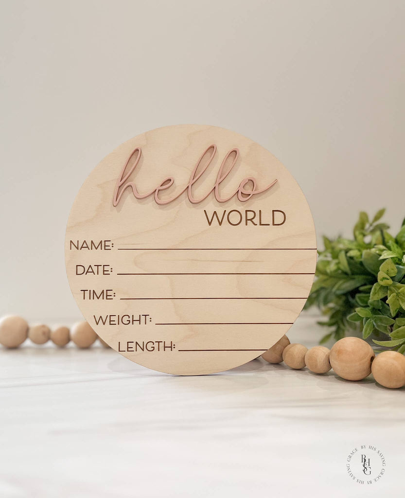 Wooden Hello World Baby Announcement Sign With Birth Stats : Eucalyptus - The Edit LLC