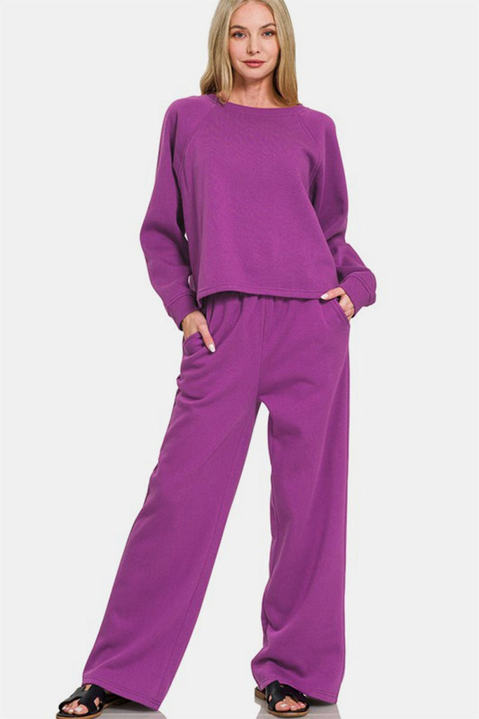 Zenana Round Neck Raglan Sleeve Top and Elastic Waist Pants Set - The Edit LLC