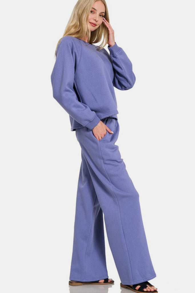 Zenana Round Neck Raglan Sleeve Top and Elastic Waist Pants Set - The Edit LLC