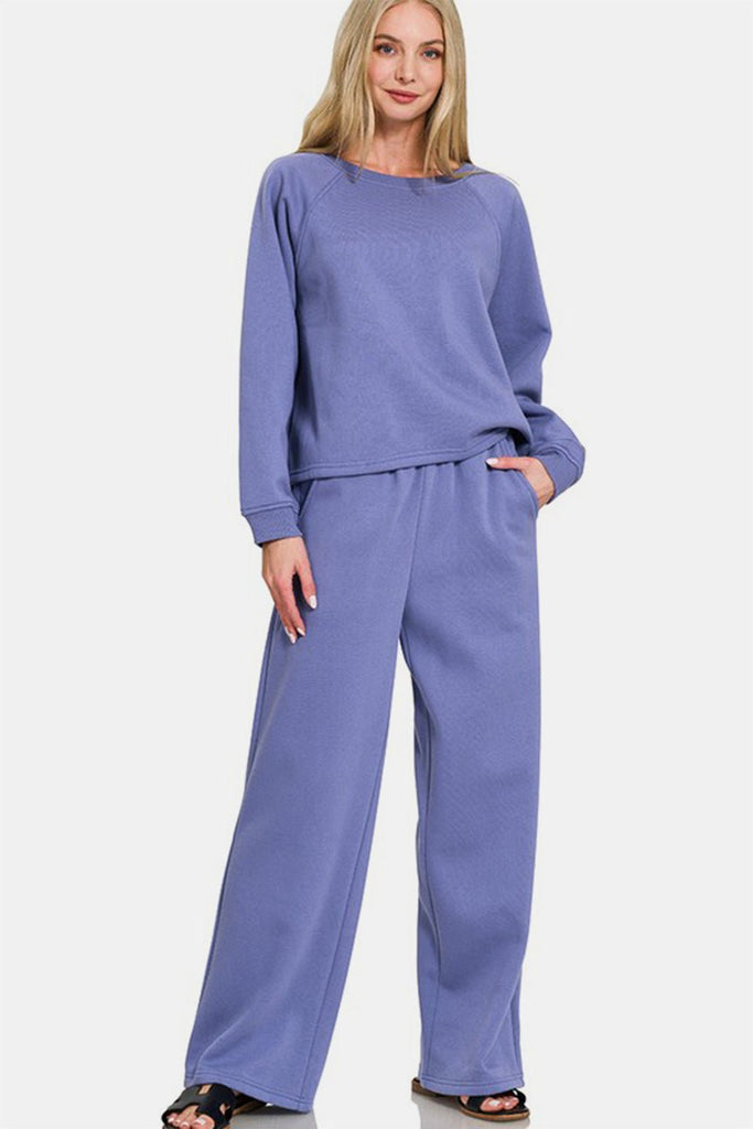 Zenana Round Neck Raglan Sleeve Top and Elastic Waist Pants Set - The Edit LLC