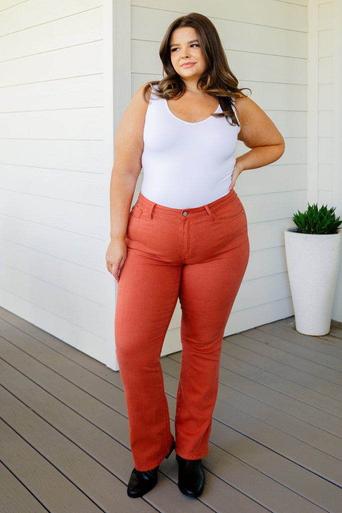 Autumn Mid Rise Slim Bootcut Jeans in Terracotta - The Edit LLC