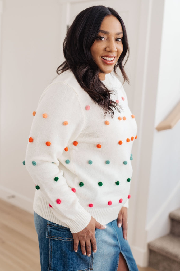 Candy Buttons Pom Detail Sweater - The Edit LLC