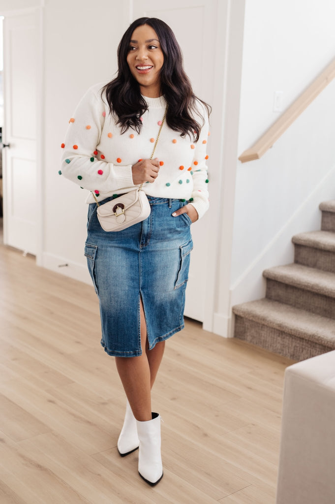 Candy Buttons Pom Detail Sweater - The Edit LLC