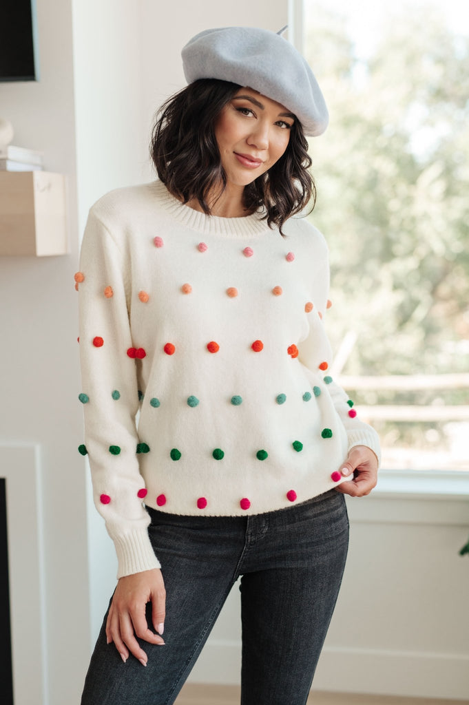 Candy Buttons Pom Detail Sweater - The Edit LLC