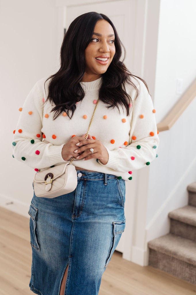 Candy Buttons Pom Detail Sweater - The Edit LLC