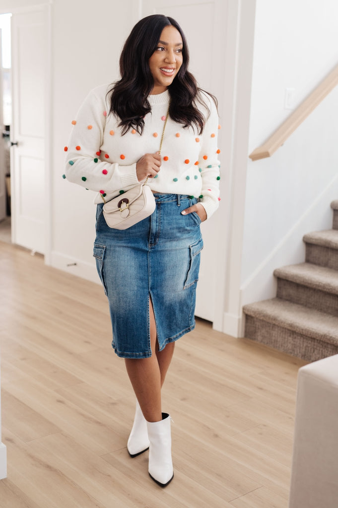 Candy Buttons Pom Detail Sweater - The Edit LLC