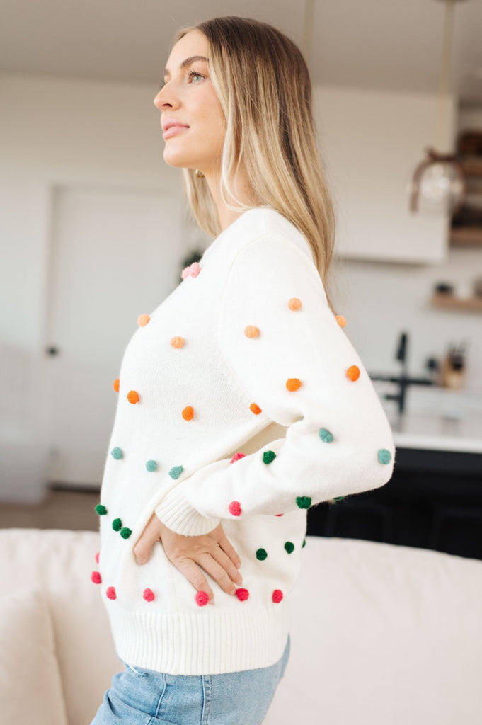 Candy Buttons Pom Detail Sweater - The Edit LLC