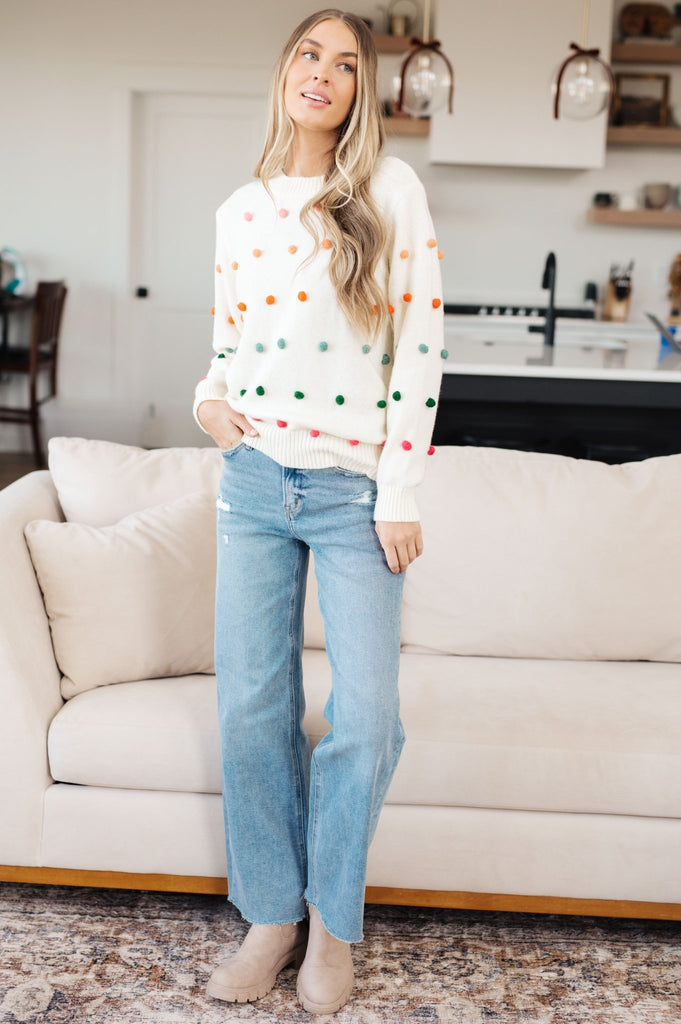 Candy Buttons Pom Detail Sweater - The Edit LLC