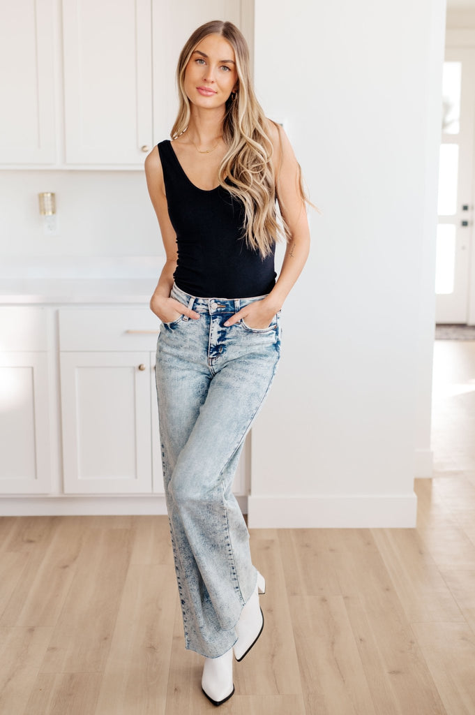 Dory High Waist Mineral Wash Raw Hem Wide Leg Jeans - The Edit LLC