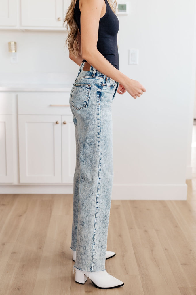 Dory High Waist Mineral Wash Raw Hem Wide Leg Jeans - The Edit LLC