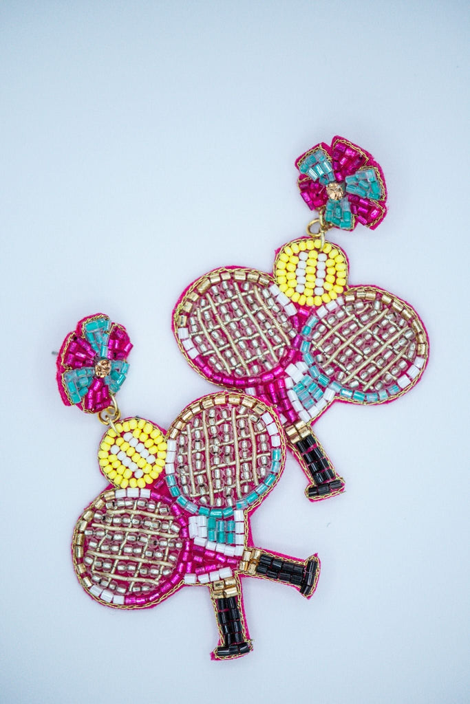 Doubles Tennis Racket Seed Bead Earrings in Fuchsia and Sky Blue - The Edit LLC