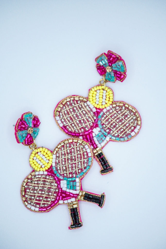 Doubles Tennis Racket Seed Bead Earrings in Fuchsia and Sky Blue - The Edit LLC