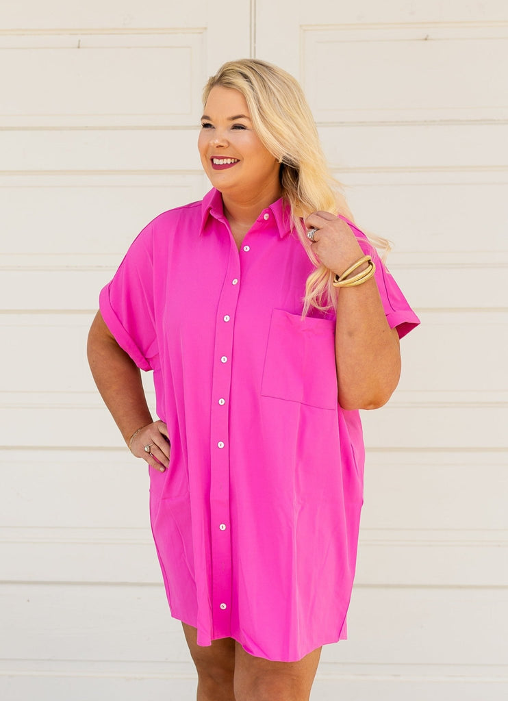 Hot Pink Button Up Dress - The Edit LLC