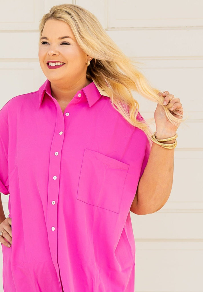 Hot Pink Button Up Dress - The Edit LLC