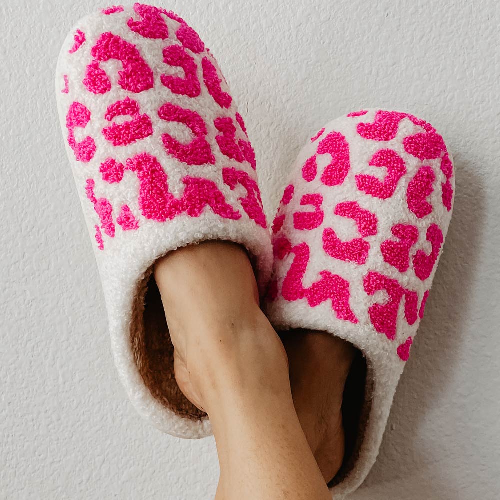 Hot Pink Leopard Fuzzy Slippers - The Edit LLC