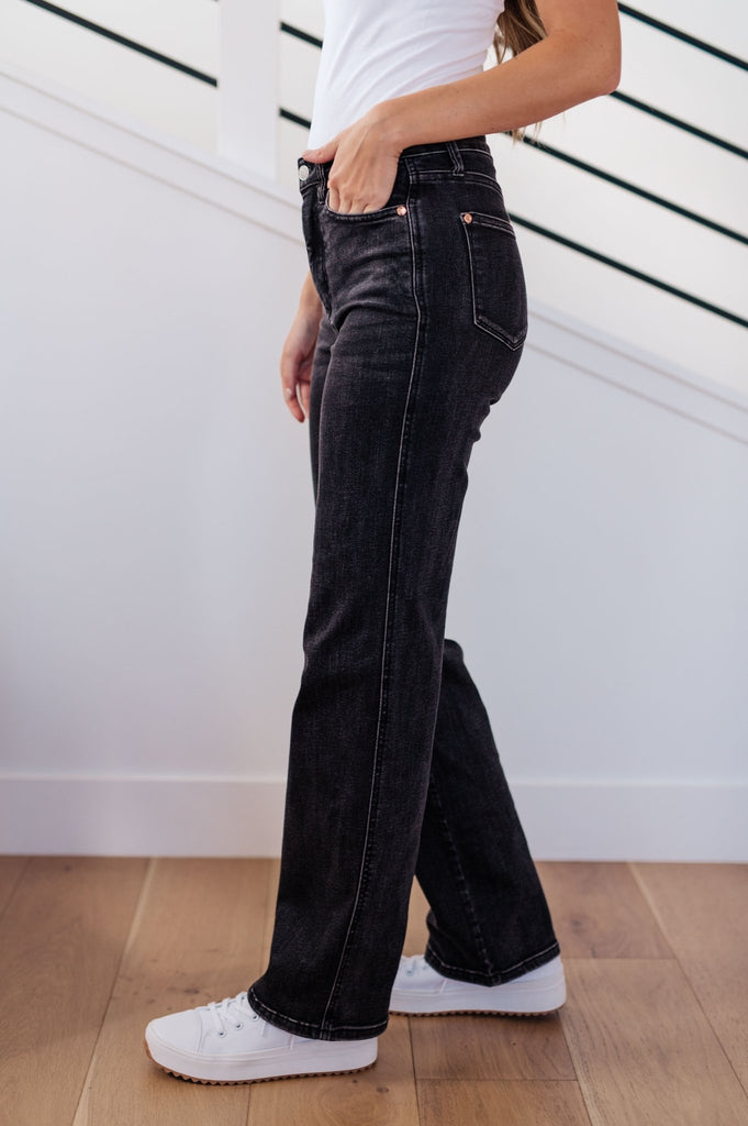 Joan High Rise Control Top Straight Jeans in Washed Black - The Edit LLC