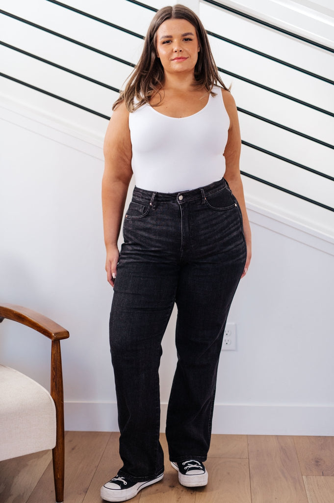 Joan High Rise Control Top Straight Jeans in Washed Black - The Edit LLC