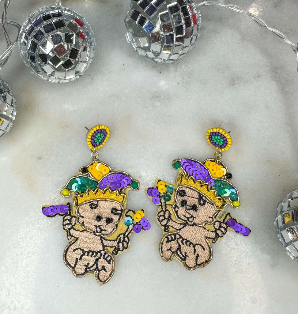 King Cake Baby Beaded Mardi Gra Earrings - The Edit LLC