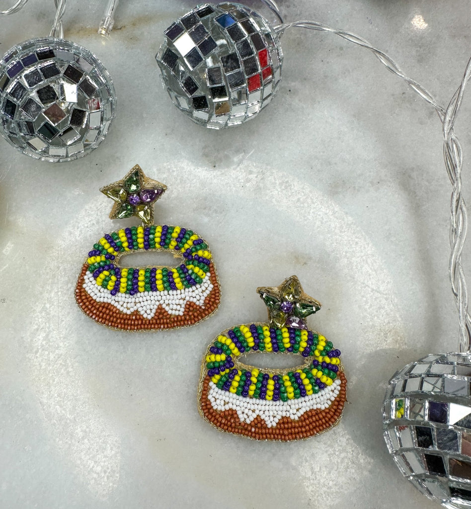 King Cake Mardi Gras Beaded Earrings - The Edit LLC