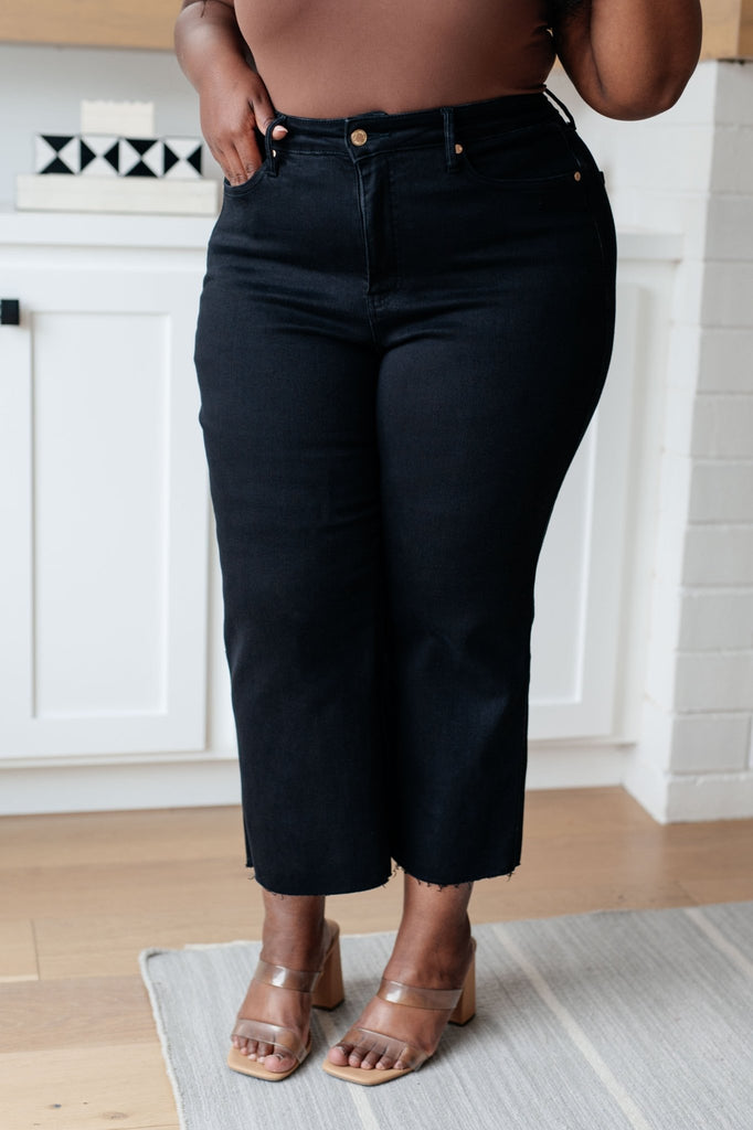 Lizzy High Rise Control Top Wide Leg Crop Jeans in Black - The Edit LLC