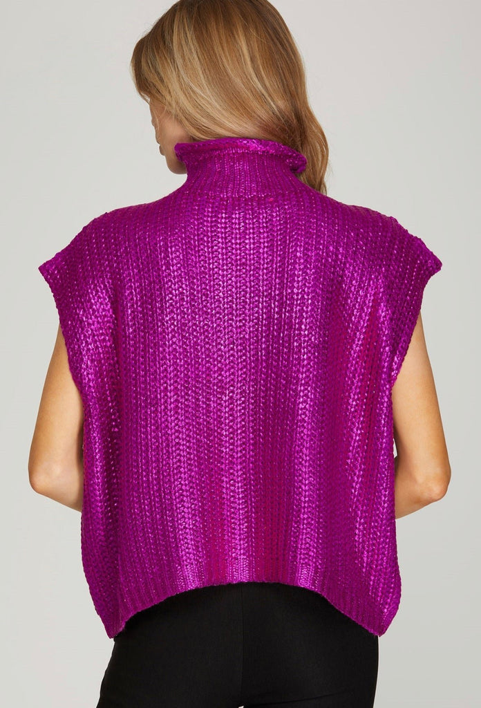 Magenta Foiled Mock Neck Sweater - The Edit LLC