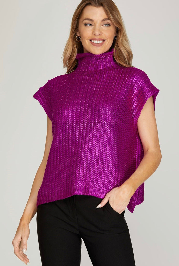 Magenta Foiled Mock Neck Sweater - The Edit LLC