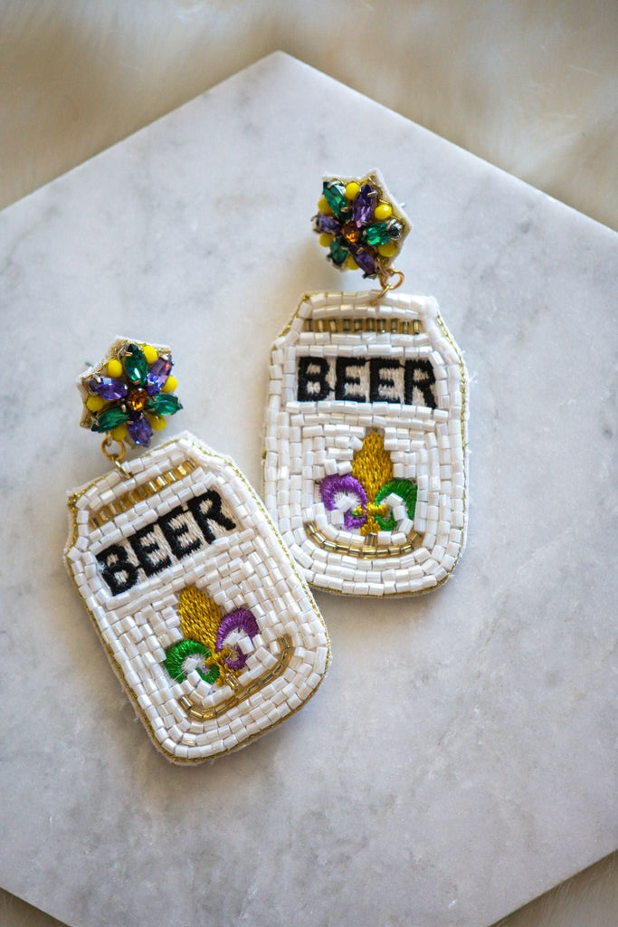 Mardi Gras Beer Felt Back Beaded Earrings - The Edit LLC