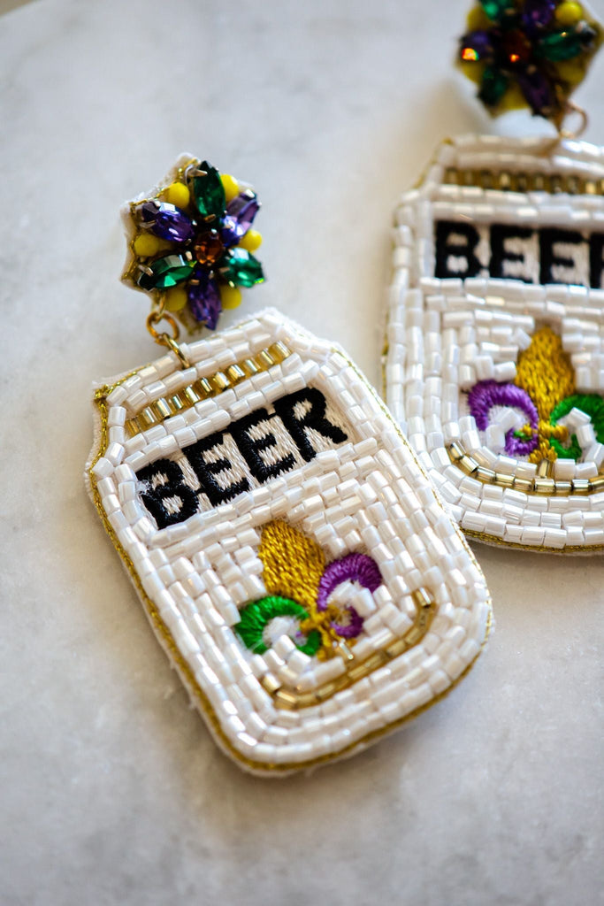 Mardi Gras Beer Felt Back Beaded Earrings - The Edit LLC