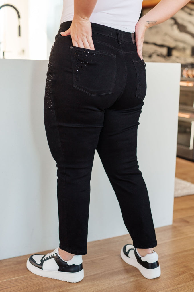 Reese Rhinestone Slim Fit Jeans in Black - The Edit LLC