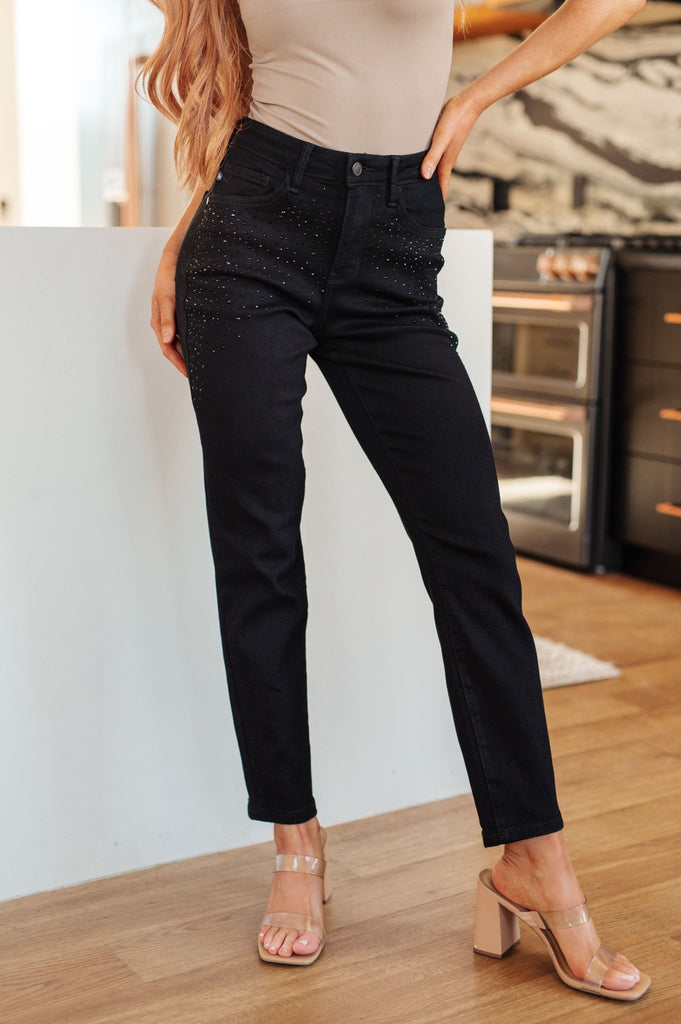 Reese Rhinestone Slim Fit Jeans in Black - The Edit LLC