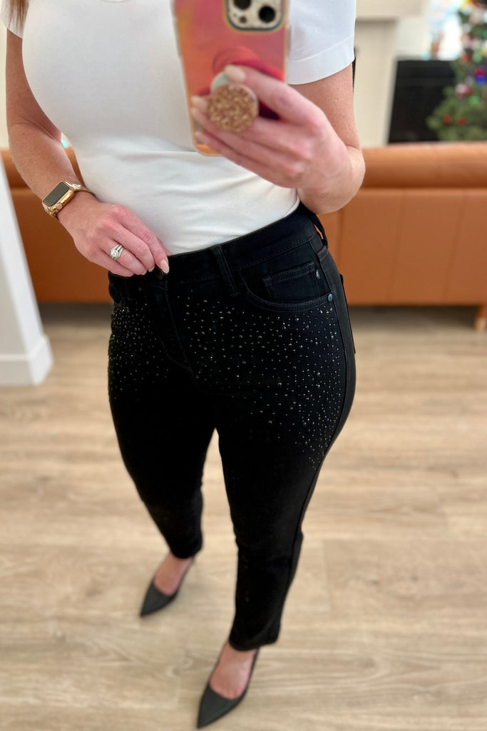 Reese Rhinestone Slim Fit Jeans in Black - The Edit LLC