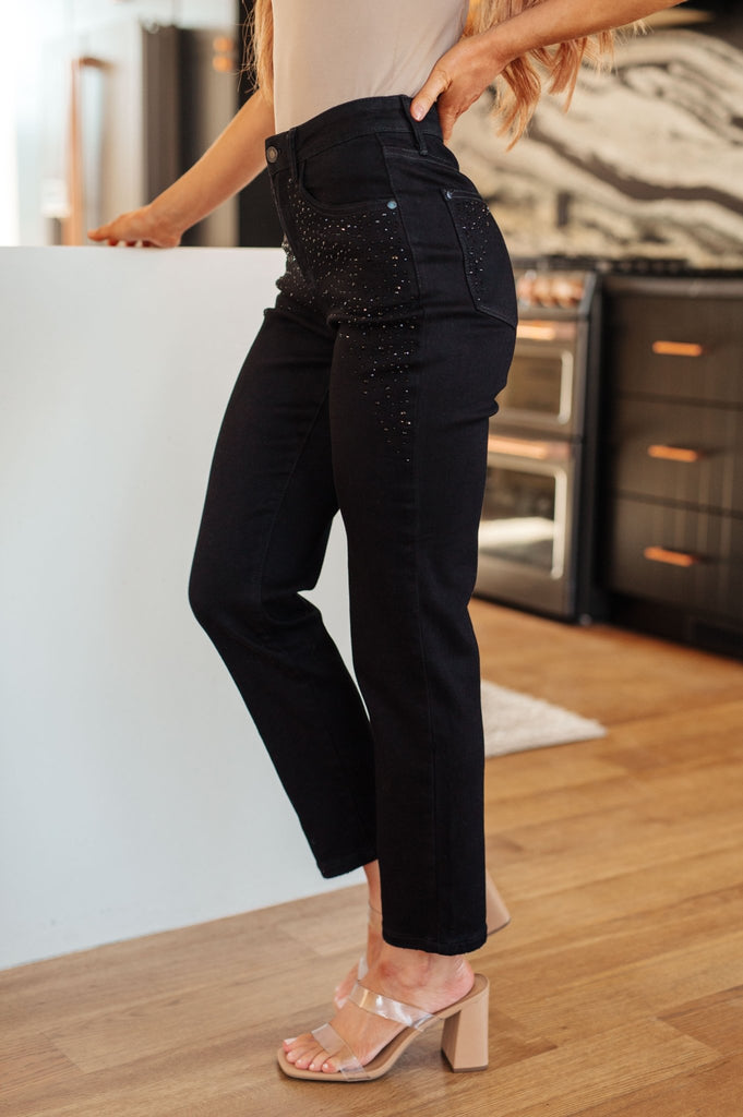 Reese Rhinestone Slim Fit Jeans in Black - The Edit LLC