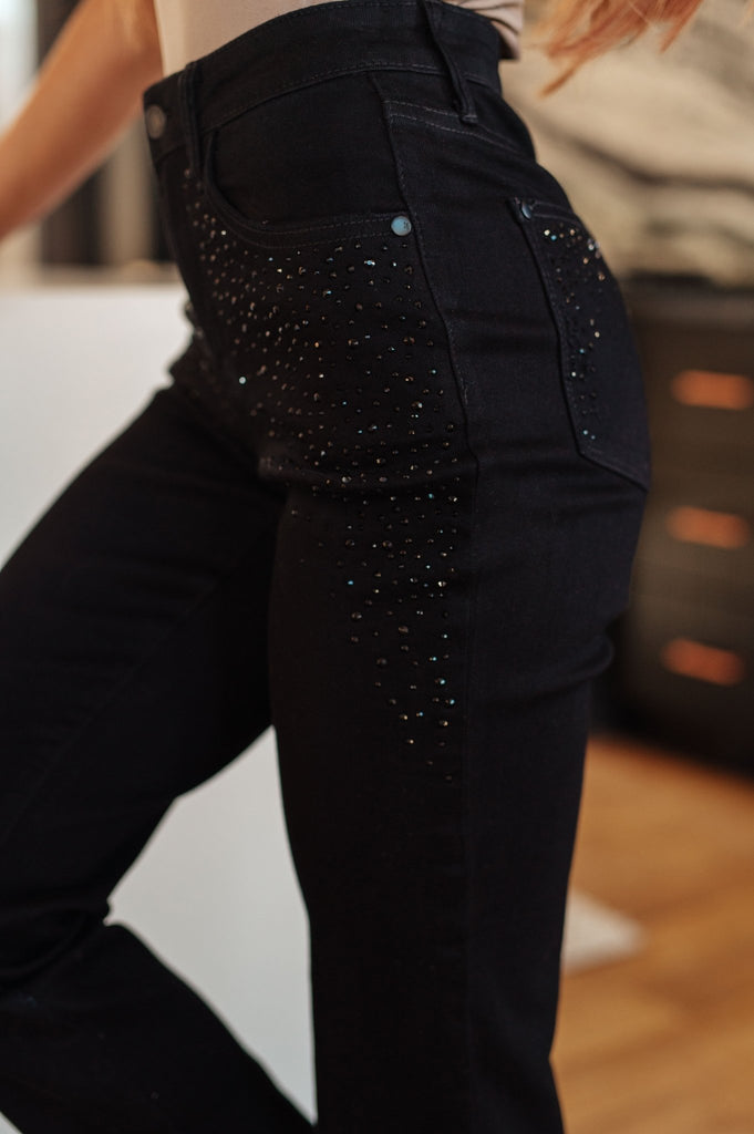 Reese Rhinestone Slim Fit Jeans in Black - The Edit LLC