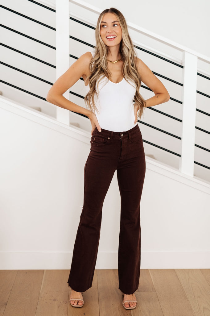 Sienna High Rise Control Top Flare Jeans in Espresso - The Edit LLC