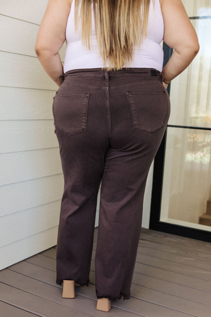 Sybil High Rise Frayed Hem 90's Straight Jeans in Brown - The Edit LLC