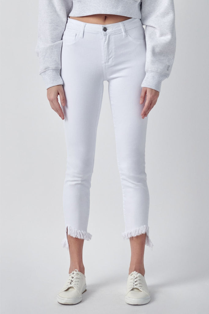 White Mid Rise Fray Hem Skinny Jeans - The Edit LLC